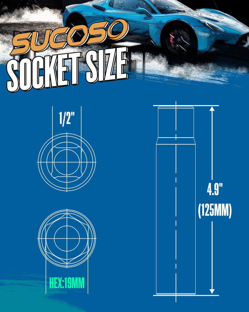 Spike Lug Nuts Socket Key, Stripped Lug Nut Remover, 19mm Hex Universal Drive Spike Lugnuts Socket Key Tool with 5" Tall, Compatible with 14x1.5,14x2.0,9/16-18,1/2-20,12x1.5,12x1.25 Spiked Lug Nut