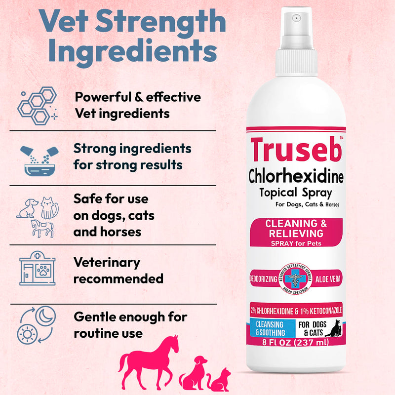 Truseb Medicated Topical Ketoconazole and Chlorhexidine Spray for Dogs, Cats, and Horses with Essential Fatty Acids, Ketoconazole Spray Aloe and Vitamin E (Ketoconazole & Chlorhexidine Spray, 16 oz) Ketoconazole & Chlorhexidine Spray