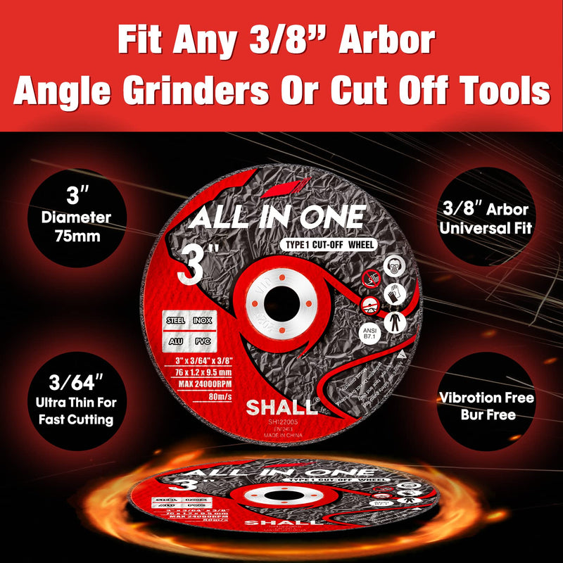 SHALL 25-Pack Cut Off Wheels 3” x 3/8” x 3/64” - Ultra Thin Cutting Wheel with Pouch for Angle Grinder & Cut-Off Tools - Fast Cutting Disc for INOX, Steel, Iron, Non-Ferrous Metal & PVC 25PCS 3 x 3/64 x 3/8