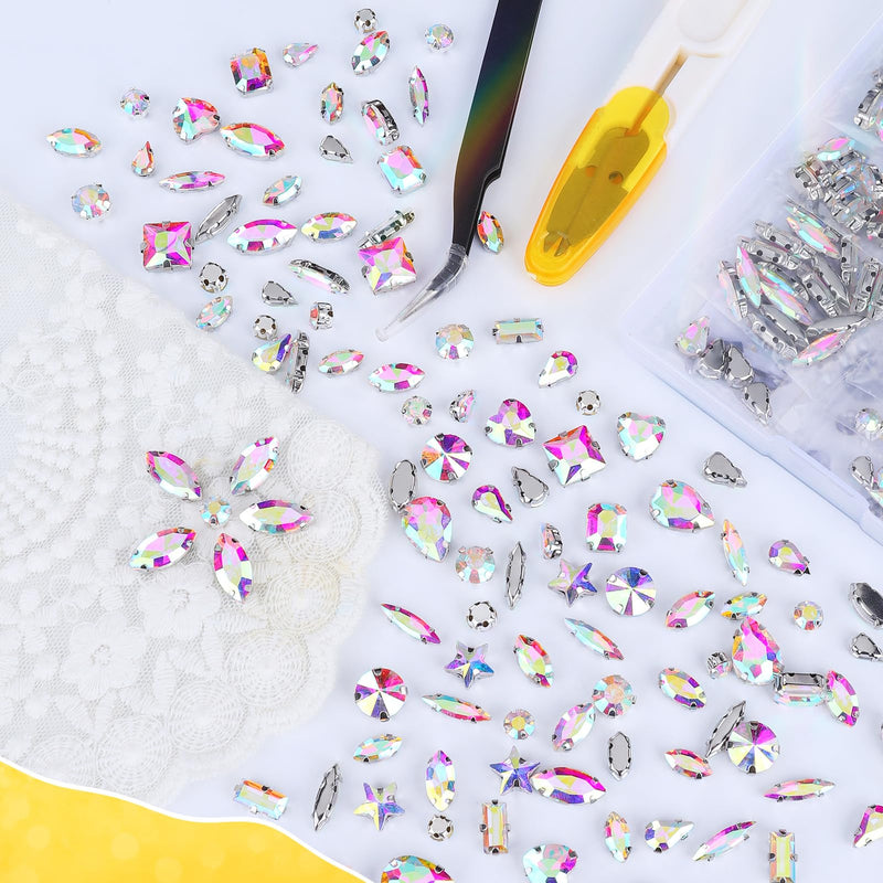 Sew on Rhinestones 205 PCS Glass Mixed Shapes Sew on Crystal Gems Flatback with Silver Claw for Jewelry Crafts Clothes Shoes Costume (AB Rhinestones) Crystal AB