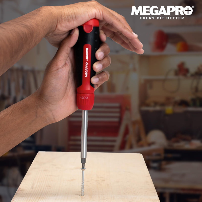 Ratcheting Screwdriver - 13-in-1 Multi Bit Screw Driver w/ ¼" Hex Shaft for Phillips, Star, Flat, Square Bit - Ratchet Screwdriver w/Retractable Cartridge - Multi Screwdriver Red