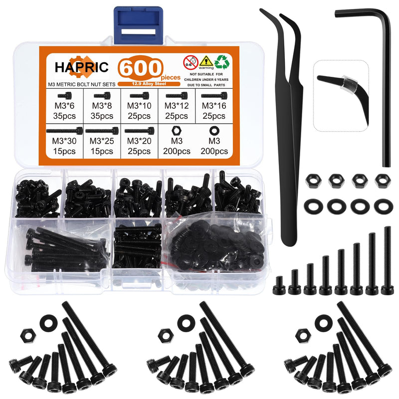 600 Pcs M3 Screws Assortment Kit, M3x 6/8/10/12/16/20/25/30mm M3 Screw Kits 12.9 Alloy Steel Nuts and Bolts Assortment Kit Black Zinc Plated Hex Socket Head Screws Nuts Bolts and Washers Set D M3x6mm-30mm 600Pcs