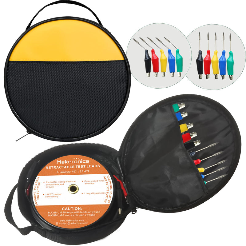 Makeronics 2 Wires 30FT 18AWG Retractable Test Leads with Cable Bag Dual Ended Electrical Alligator Clips Test Probe Lead Wire Cables for Circuit Connection/Electrical Testing and Troubleshooting