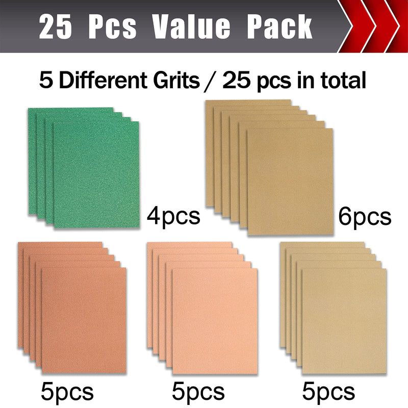 25 PCS Sandpaper, Sandpaper Assortment Sandpaper for Wood Metal Furniture Hand Sander Sand Paper 80/120/150/220/320 Grit Sandpaper Sheets Cut for Use 9" x 11" 25 Pcs Variety Grit