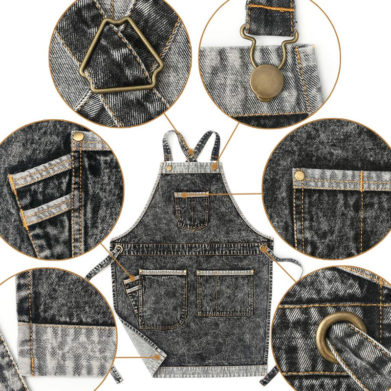 Jeanerlor - Cotton Denim Work Men's Tool Teacher Apron with 7 Tool Pockets for Barber Woodworking Plus Size Adjustable Up to XXXL(Black) Large Black