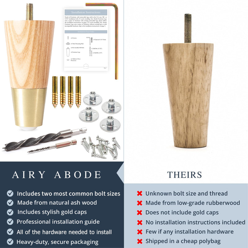 Ash Wood Furniture Legs With Gold Caps - Mid Century Legs For Sofa, Chair, Table, Dresser, Bed, Cabinet, Ottoman - Wooden Legs Are Easy To Install & Include Installation Hardware - Set of 4, 6 Inches Ash / Gold