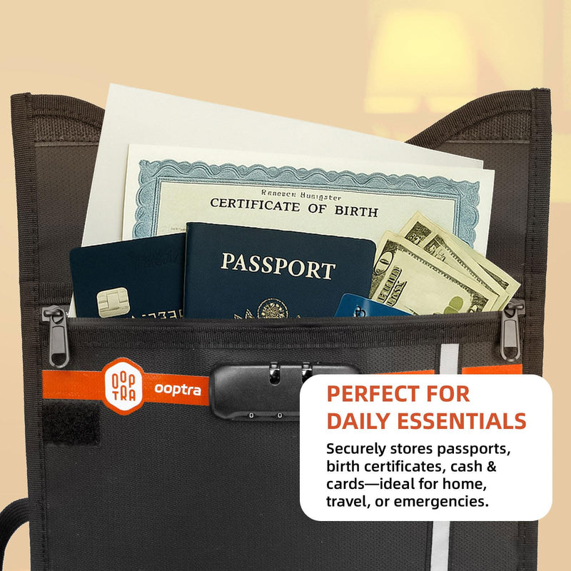 Large Fire-Resistant Document Bag with Lock – Water-Resistant File Organizer for Important Documents, Cash & Passports – Safe Storage for Home & Travel L Black