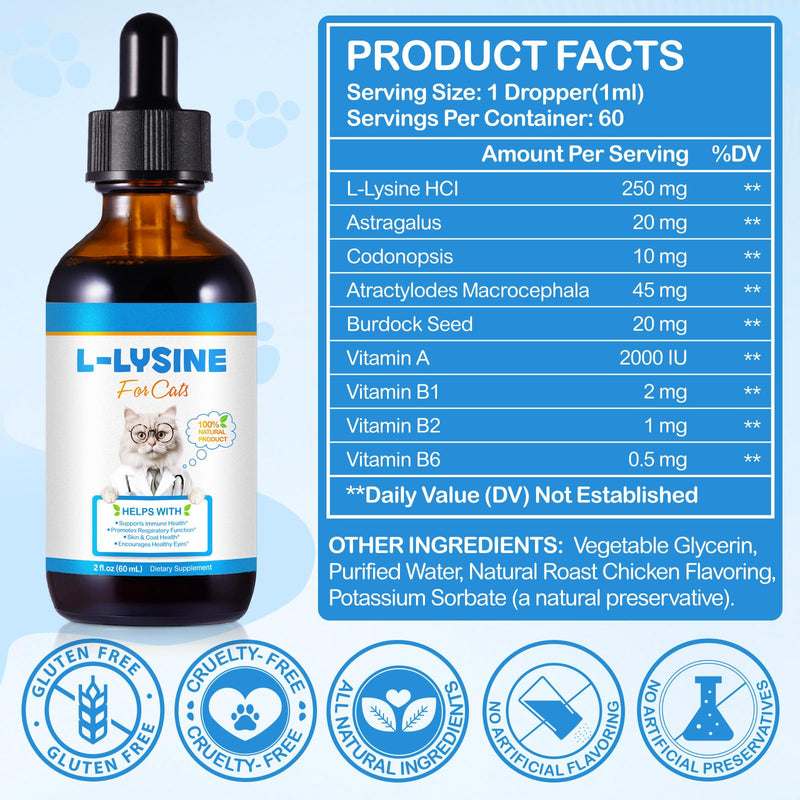 Natural Cat Lysine Drops for Immune Support – L-Lysine Supplement with Astragalus & B Vitamins for Respiratory Health, Tear Stain Relief, Skin & Coat Care – 100% Natural Liquid Drops for Cats(2 fl oz)