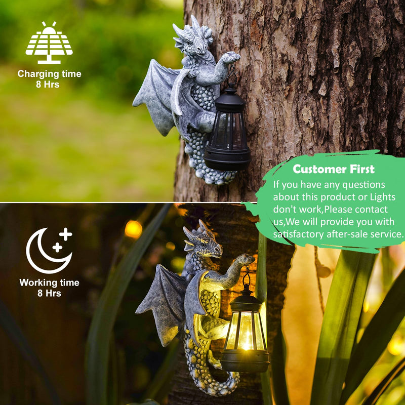 Dragon Tree Hugger with Solar Lantern - 9.3 Inch Resin Statue for Outdoor Garden Decor - Ideal Housewarming & Birthday Gifts for Grandma Mom Women Gray