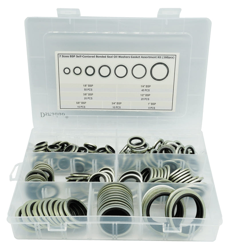 160Pcs, 7 Sizes BSP Dowty Self-Centered Bonded Seal Oil Washers Gasket Assortment Kit Replace 32300 with Box (1/8, 1/4, 3/8, 1/2, 5/8, 3/4, 1), for Automotive, Bearings, Pumps