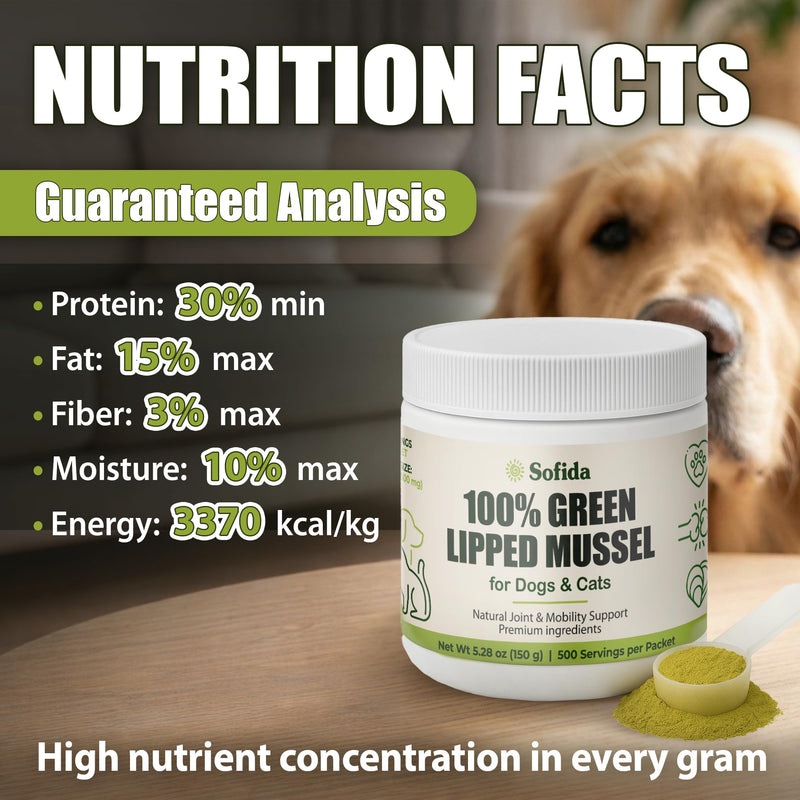 Premium Green Lipped Mussels for Dogs and Cats 100% Pure New Zealand Natural Supplements Vitamins to help your Pet for Hip and Joint Flexibility, Mobility, Strength, Tendons and Muscles (2.64, Ounces) 2.64 Ounces