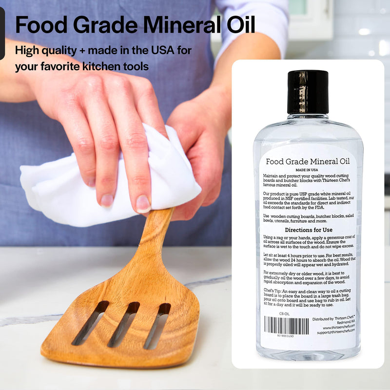 Thirteen Chefs Mineral Oil - 8 oz Food Grade Conditioner for Wood Cutting Board, Countertop & Butcher Block, Lubricant for Knife or Meat Grinder - Safe USP Finish on Marble, Soapstone 8 Fl Oz