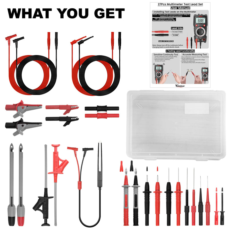 27PCS Multimeter Test Leads Kit,Professional and Upgraded Test Leads Set with Alligator Clips, Test Hook Clip, Banana Plug and Piercing Probe Clip for Multimeter Electrical Testing
