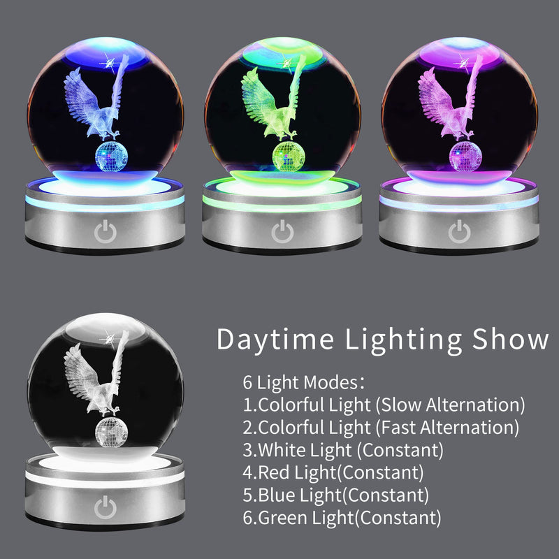 Eagle Gift 3D Crystal Ball with LED Light Base Unique Decor Glass Figurine Lamps Laser Engraved Nightlight for Best Friend Eagle Lovers Keepsake Paperweight