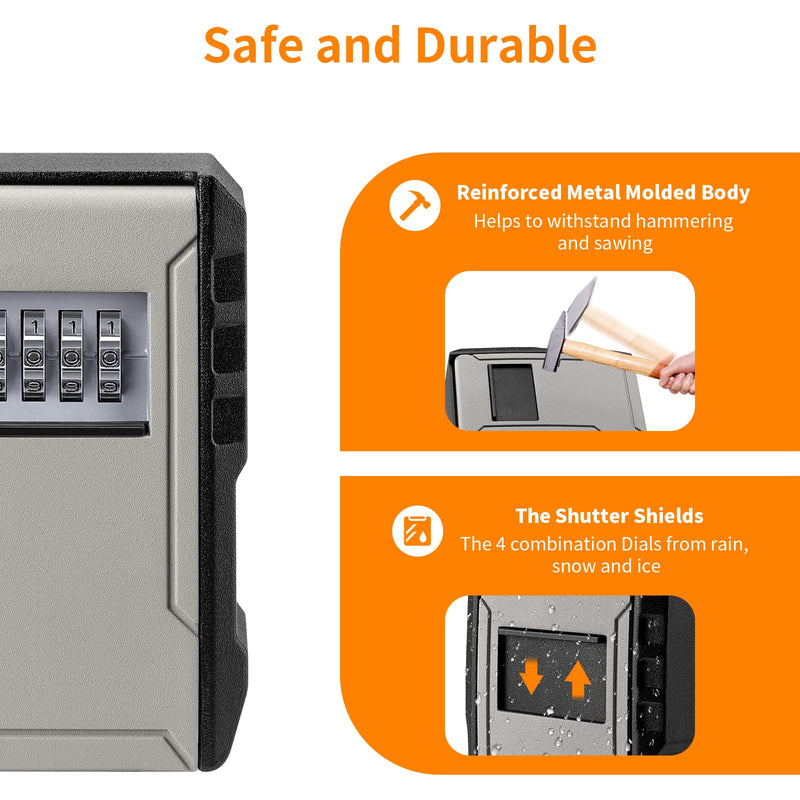 UPGRADE Extra Large Capacity Key Lock Box, Weatherproof Wall Mount Key Box for Car Keys, Fob, House Keys, Key Safe Security Storage Lock Box for Indoor, Outdoor, Garage, Garden, Store (1, Grey) 1