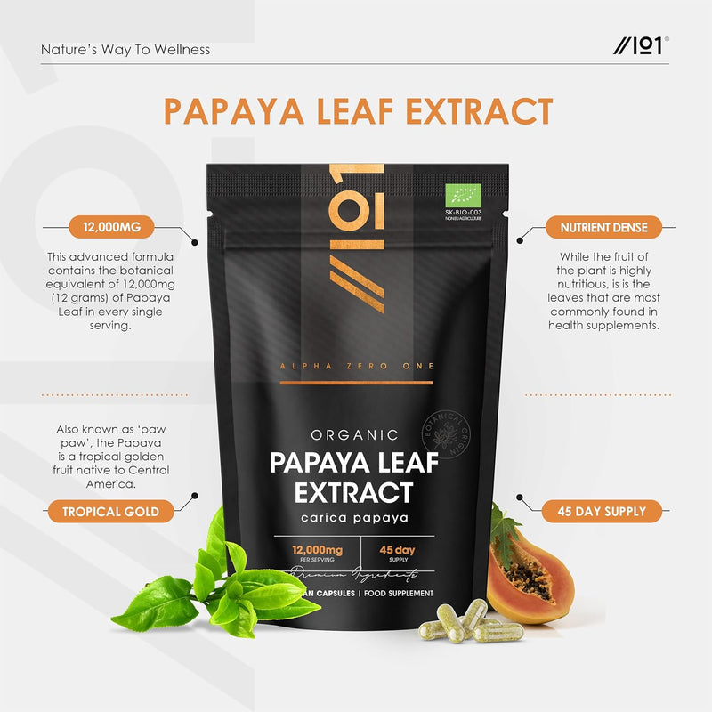 Organic Papaya Leaf Extract 12,000mg - High Strength Carica Papaya Extract – 90 Vegan Capsules – Resealable and Recyclable Pouch by Alpha01 - NewNest Australia