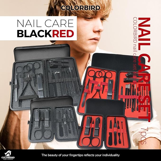 COLORBIRD Nail Care Set Nail Clipper Nail Care Nail File Cuticle Treatment Eyebrow Scissors Tweezers Ear Pick BLACK RED (7-BLACK) - NewNest Australia