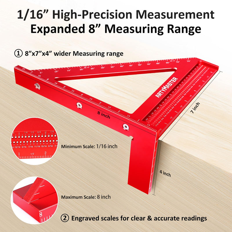8 inch 3D Multi-Angle Measuring Square Ruler, WT103B High Precision Hole Scribing Woodworking Tools, 0-90° Aluminum Alloy Carpenter Square Wood Working Tools, Carpenter Pencils 6 Refills. 8 inch Square
