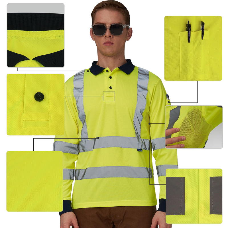 A-SAFETY Long Sleeves Hi Vis Safety Daily Work Construction Polo Shirts for Men for Women Yellow Large