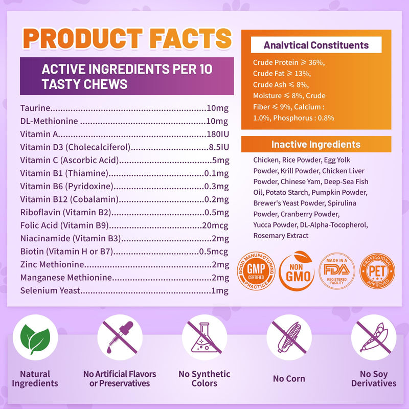 Cat Vitamins & Lysine for Cats, Cat Multivitamin & Immune Support Treats with Taurine, Colostrum, Omega-3 for Skin, Digestion, Respiratory & Daily Wellness, Chicken & Krill Flavor