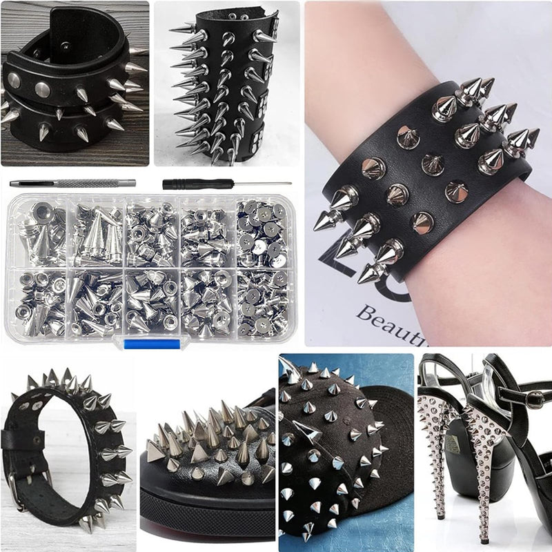 354 Pieces Punk Spikes and Studs Kit - 8 Sizes Cone Spikes, Metal Tree Spikes Studs for Leathercraft, Punk Clothing DIY Accessories (Silver) Silver