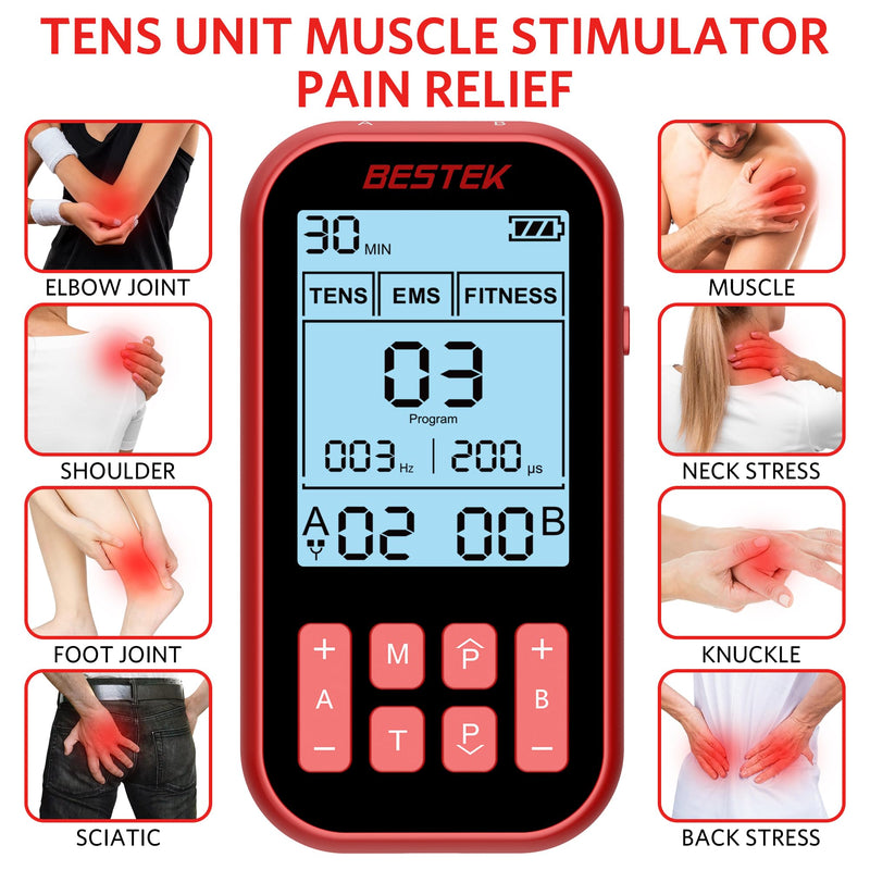 BESTEK TENS Unit Muscle Stimulator, 3-in-1 60 Program with 20 Replacement Pads, Rechargeable EMS Massage Machine for Back, Sciatica,Shoulder,Knee Pain Relief