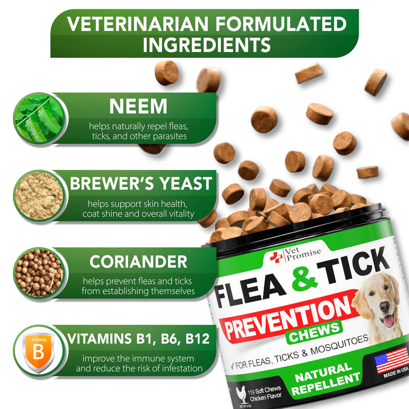 Flea and Tick Prevention for Dogs Chews - Natural Dog Flea and & Tick Control - Advanced Oral Pills Supplement Treatment for All Breeds & Size - Vet Formulated - Soft Chewables - Made in USA Flea and Tick Chews 119 Chews