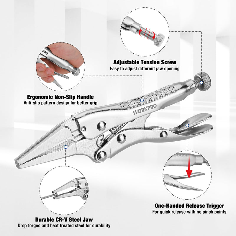 WORKPRO 4-1/2 inch Long Nose Locking Pliers, Chromium-Vanadium Steel Locking Pliers, Locking Adjustable Vise Grips for Clamping Twisting Welding 4-1/2"