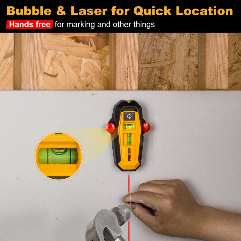 PREXISO 2-in-1 Line Laser Level with Magnetic Stud Finder, Compact Wood & Metal Detector with Bubble Vials for Accurate Markings, Multi Surface Wall Scanners Tool for Hanging Frames & Pictures