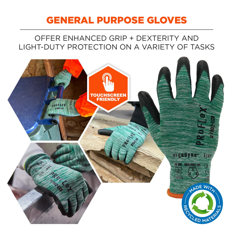 Ergodyne ProFlex 7002-ECO Work Glove, Recycled PU Coated Palms Gloves, Post Consumer Materials, 15 gauge, 12-Pack Small 12-Pack