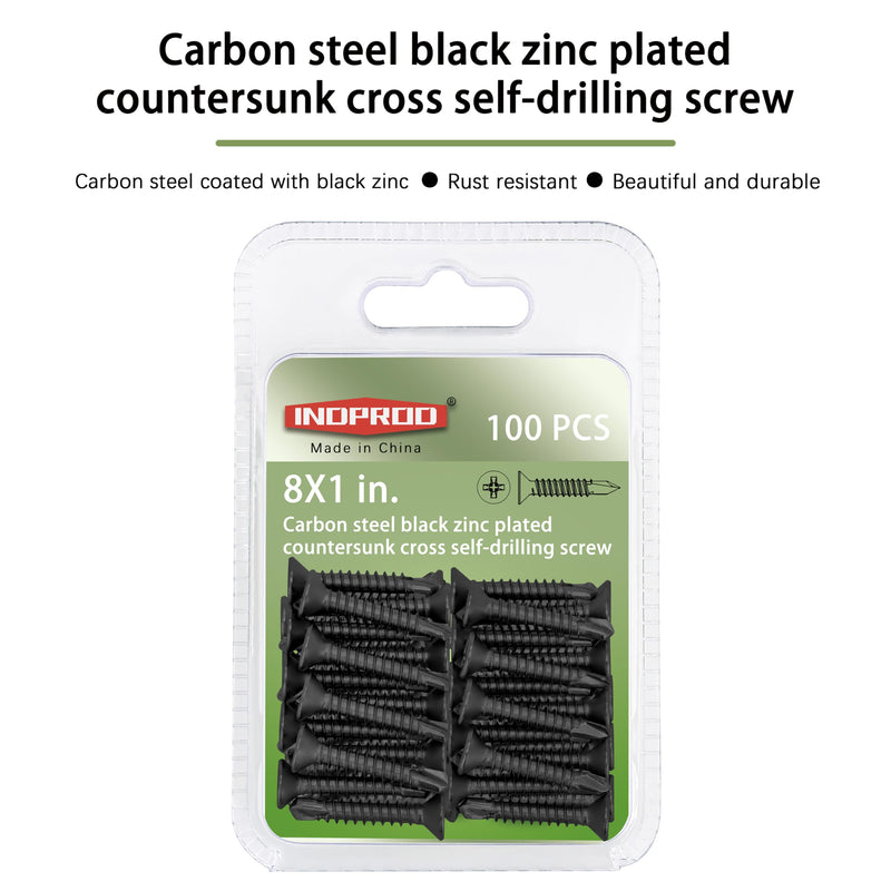 #8 x 1" Black Screw, Flat Head Phillips Wood Screw, Black Zinc Plated, Self Drilling Wood Screws, Flat Head Sheet Metal Screws Self Tapping Screws for Metal, 1 Inch Length, 100PCS #8 x 1"