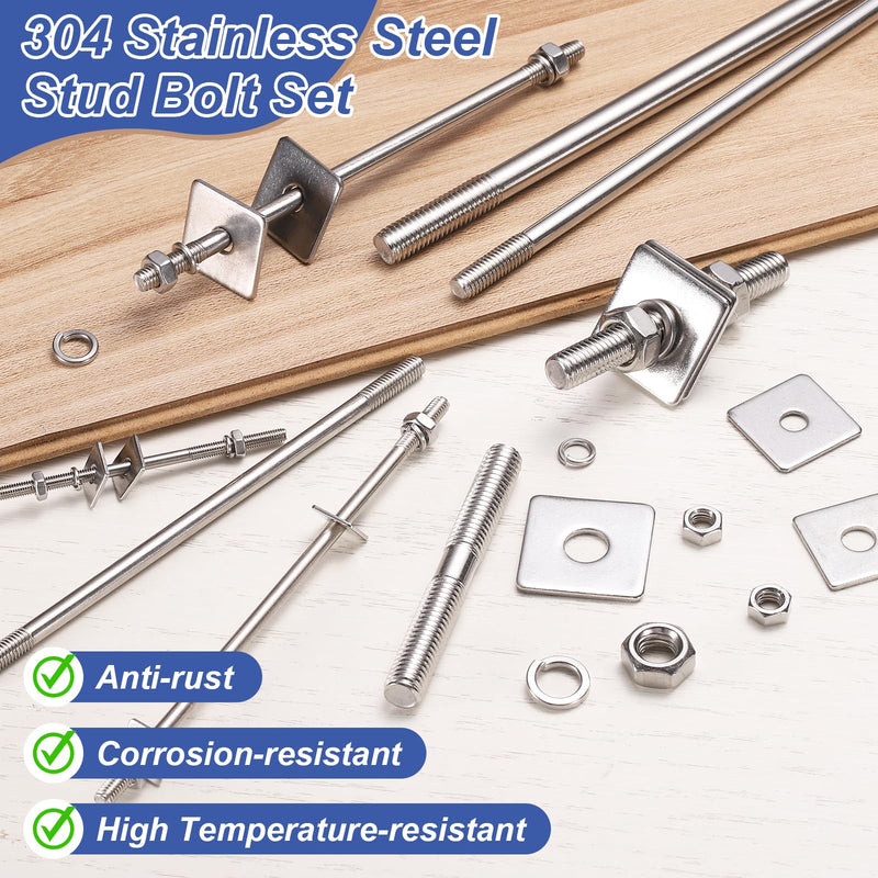 uxcell 2Pcs M8x500mm 304 Stainless Steel Double End Threaded Stud Screw Bolt with Nuts, Square Flat Washers & Spring Washers for House Maintenance, Silver Tone