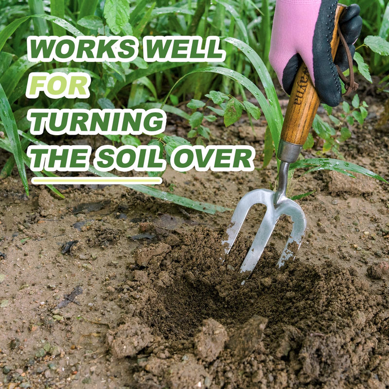 Garden Hand Fork, Hand Weeding Fork with Sharp Tine for Easy Uprooting Large Weeds, Stainless Steel Garden Fork, Comfortable Grip Wood Handle Hand Fork for Fast Weeding, Loosening Soil and Composting 12.3'' Garden Hand Fork