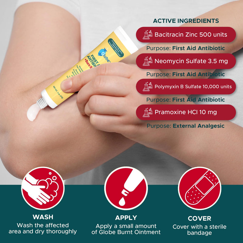Globe First Aid Antibiotic Burn Relief, Maximum Strength Triple Antibiotic Ointment for 24-Hour Infection Protection 2 Ounce