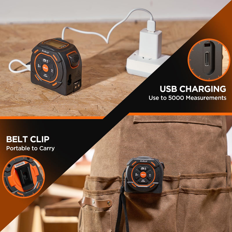 Laser Tape Measure 197Ft Laser Measurement & 16Ft Manual Measuring Digital Tape Measure Support to Pythagorean Mode, Area, Volume, Ft/Ft+in/in/M Unit Distance Meter for Woodworker Tool