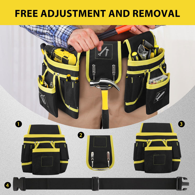 Tool Belt, Professional Tool Belts for Men, 26 Pockets Magnetic Tool Pouch, 31 to 48 Inches Adjustable Waist, Oxford Fabric, Tool Belt with Suspenders for Electrician, Carpenter (Yellow) Yellow