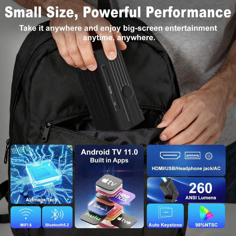 [Smart Projector with Apps] 4K Supported Mini Projector with Wifi and Bluetooth, XENPONAD Movie Projector for Bedroom Celling Camping & Outdoor Use, Portable Projector with Speaker, Auto Keystone black