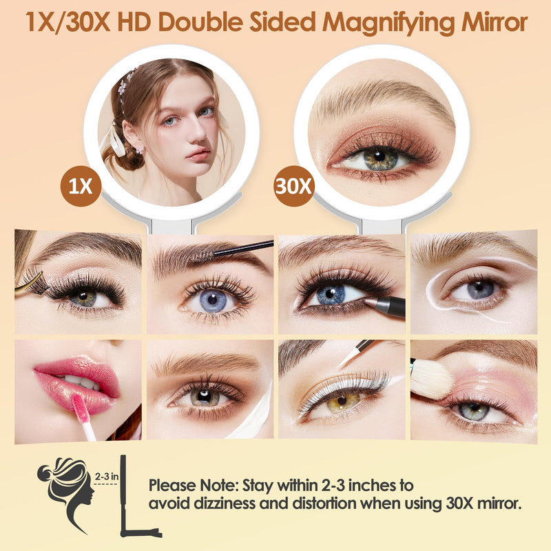 MIYADIVA Magnifying Mirror with Light, Double Sided 30X/1X Lighted Travel Makeup Mirror with Magnification, 3 Color Lighting, Dimmable Touch Screen, Adjustable & Foldable Hand Mirror (White) White