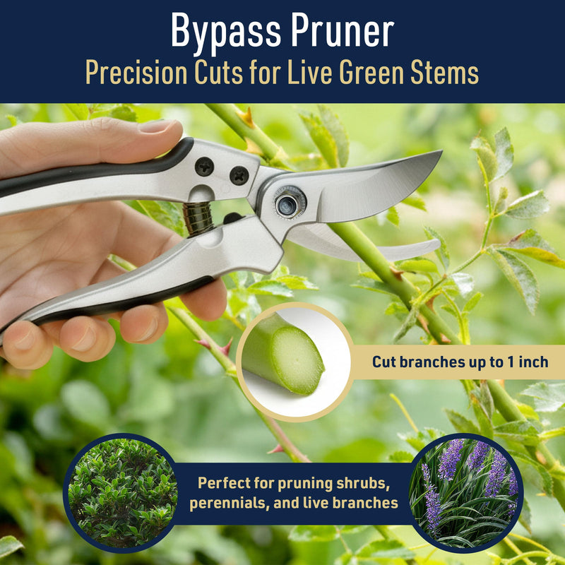 Pruning Shears for Gardening 2-Pack - 7.87” Bypass Pruners and 7.67” Straight Garden Scissors with Carbon Steel Blades and Leather Sheath - Handheld Plant Clippers and Snips by Kings County Tools