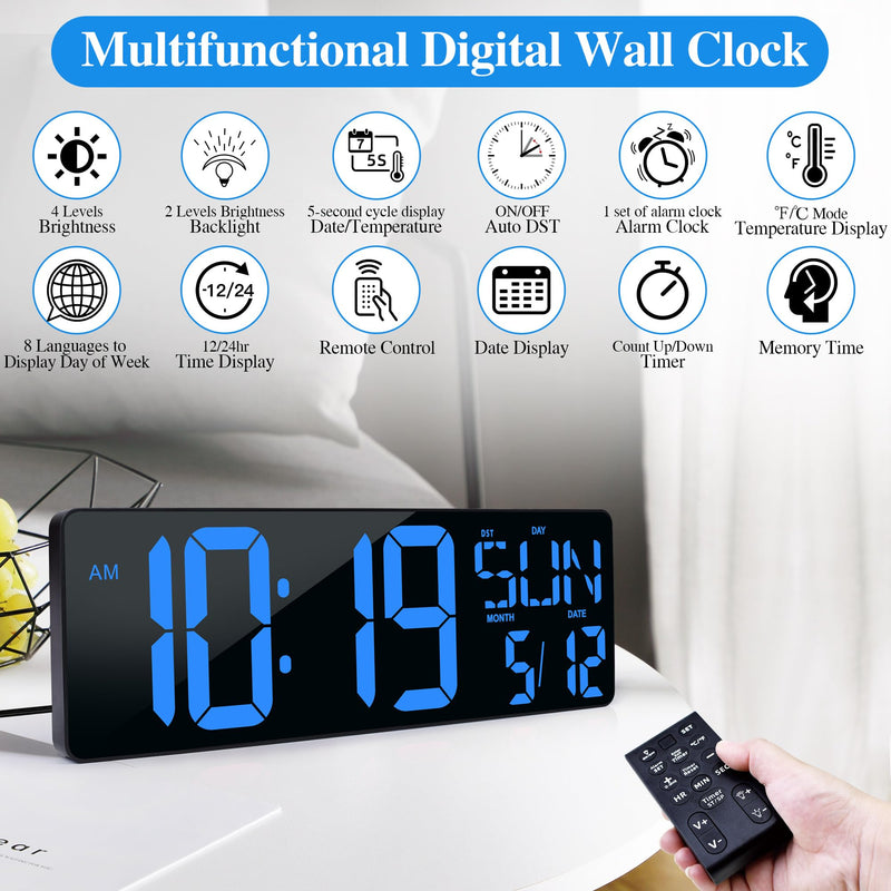 Large Digital Wall Clock with Remote Control 17.2" LED Large Display Timer with Temperature Date Week Auto DST Adjustable Brightness, Big Wall Alarm Clock for Living Room Office Garage Gym Seniors 17.2in Blue