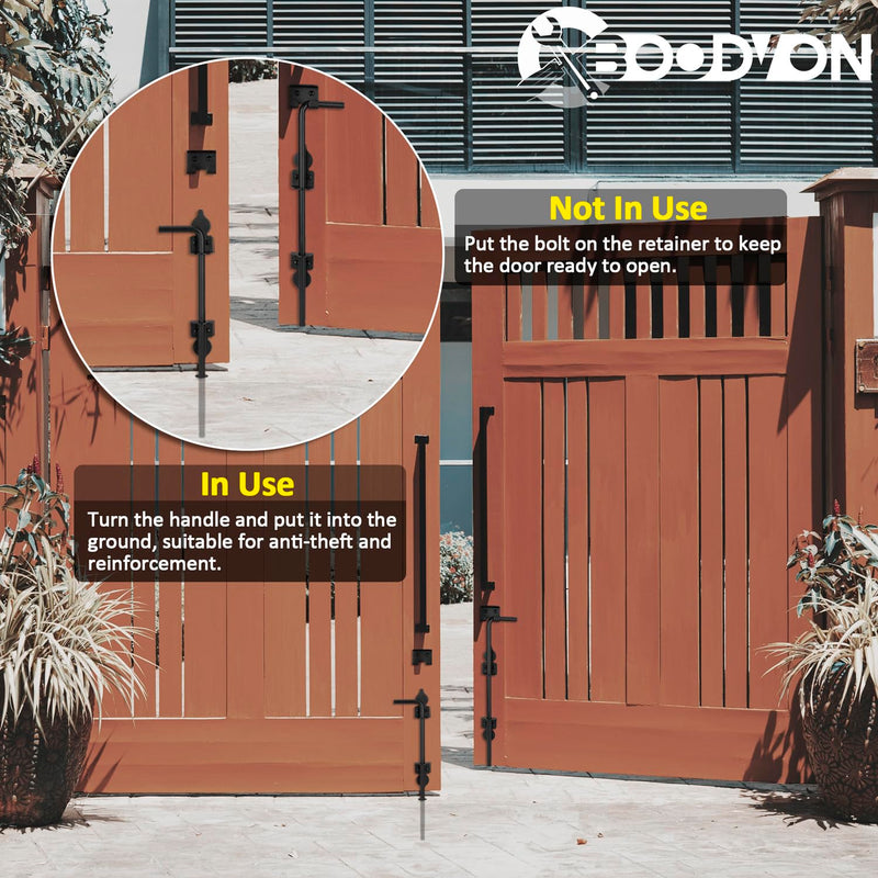 24 Inch Cane Bolt Gate Drop Rod Heavy Duty Gate Hardware, Gate Ground Latch for Wooden Fences, Metal Gates Doors Stopper for Gate Ground, Wrought Iron Gate Latches, Black Finish(2 Pack) 2 24 Inch