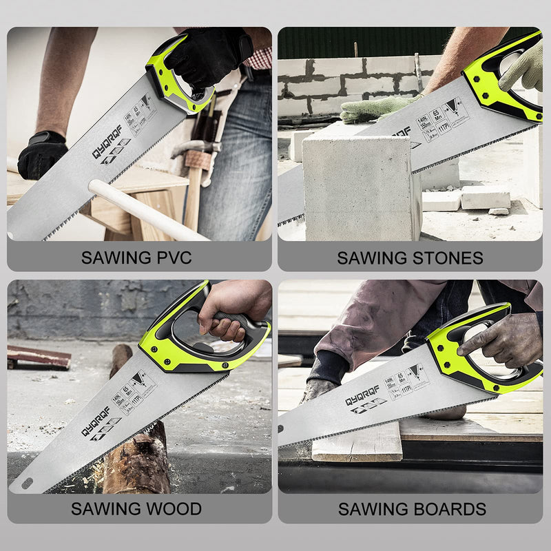 14 in. Pro Hand Saw, 11 TPI Fine-Cut Soft-Grip Hardpoint Handsaw Perfect for Sawing, Trimming, Gardening, Cutting Wood, Drywall, Plastic Pipes, Sharp Blade, Ergonomic Non-Slip Handle (green) Green
