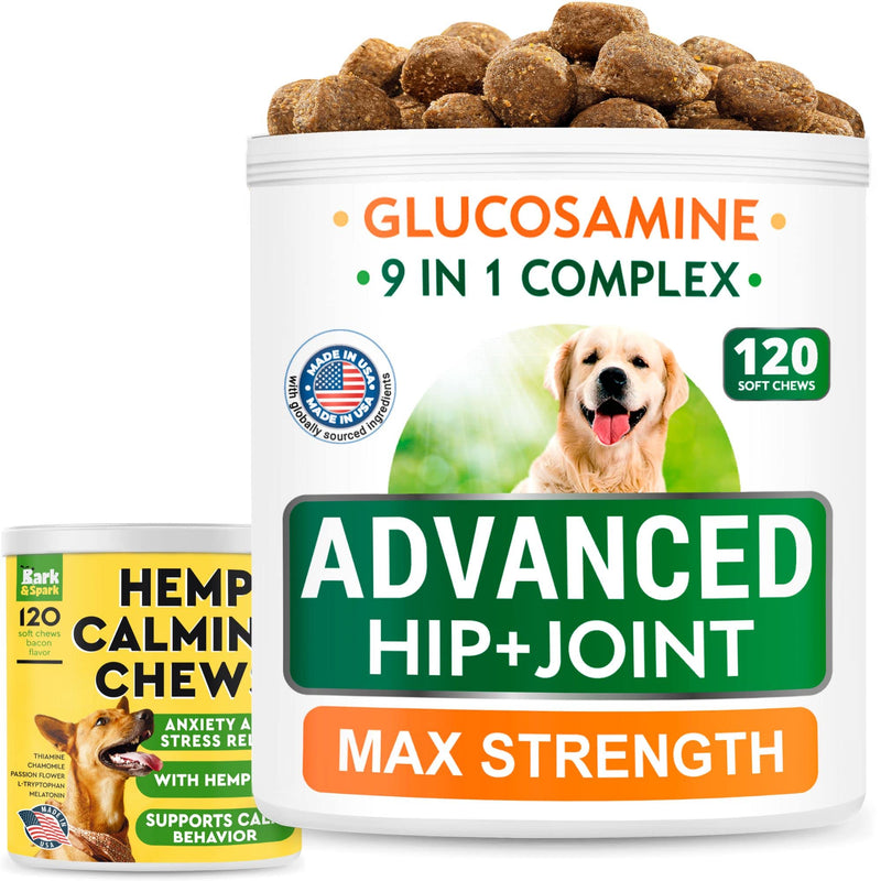 Glucosamine Dog Treats + Calming Hemp Treats Bundle - Senior Advanced Joint Health + Anxiety Relief - Chondroitin, Omega-3 + Hemp Oil - Hip & Joint Care + Stress Relief - 120 + 120 Chews - Made in USA