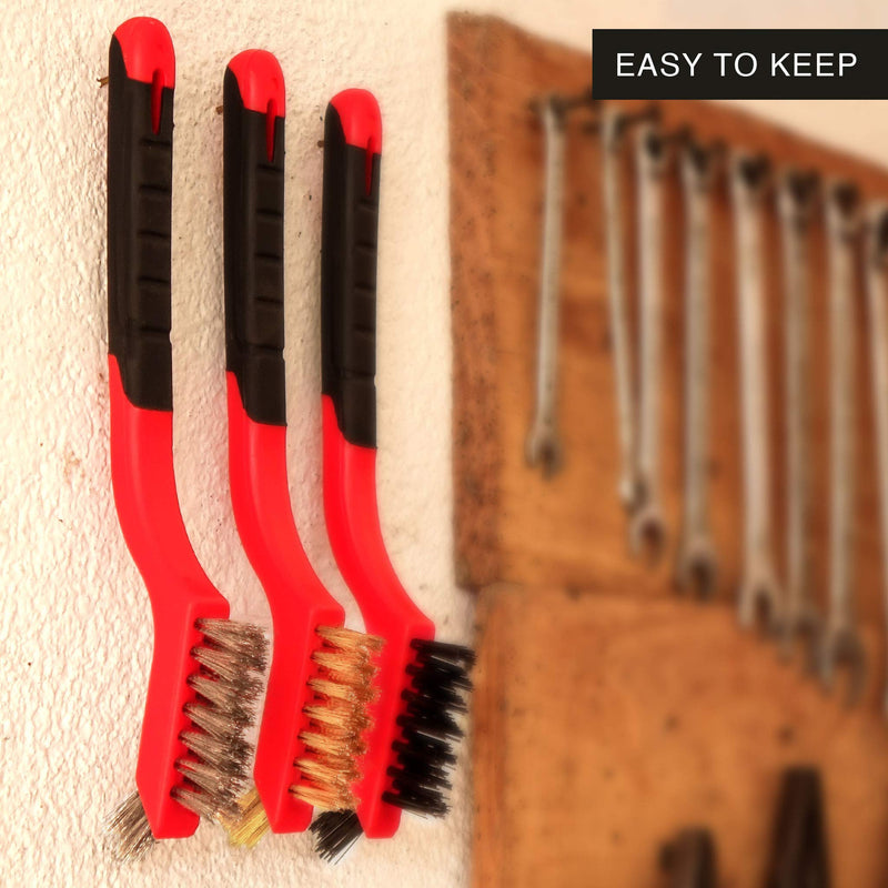 Wire Brush Set 3Pcs - Nylon/Brass/Stainless Steel Bristles with Curved Handle Grip for Rust, Dirt & Paint Scrubbing with Deep Cleaning – 7 Inches (Red) Red