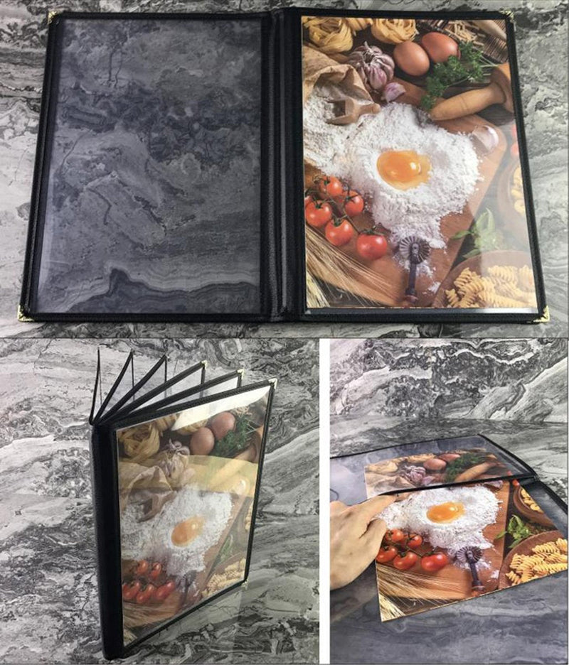 Cosmos Restaurant Menu Covers Book for Bar Cafe Kitchen - Restaurant Menu Holder Menu Folder Fits A4 Size Paper, 4 Pages 8 Views, Transparent Vinyl with Black Stitched Edge
