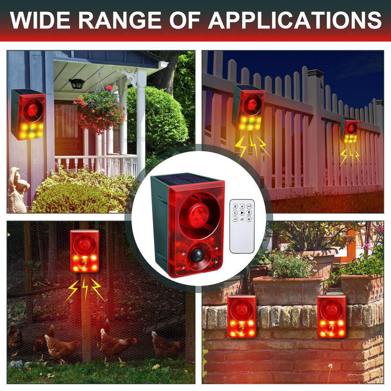 Qualirey 2 Pcs Solar Outdoor Motion Sensor Alarm Animal Deterrent Gunshot Sound Dog Barking 130db Loud Noise Maker 3 Modes with USB Remote Control, Support Recording and Volume Adjustment (Red) Red