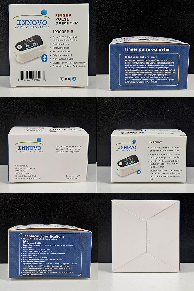 Innovo FSA/HSA Eligible iP900BP-B Fingertip Pulse Oximeter, Blood Oxygen Monitor with Free App, Plethysmograph, and Perfusion Index (with Bluetooth) with Bluetooth