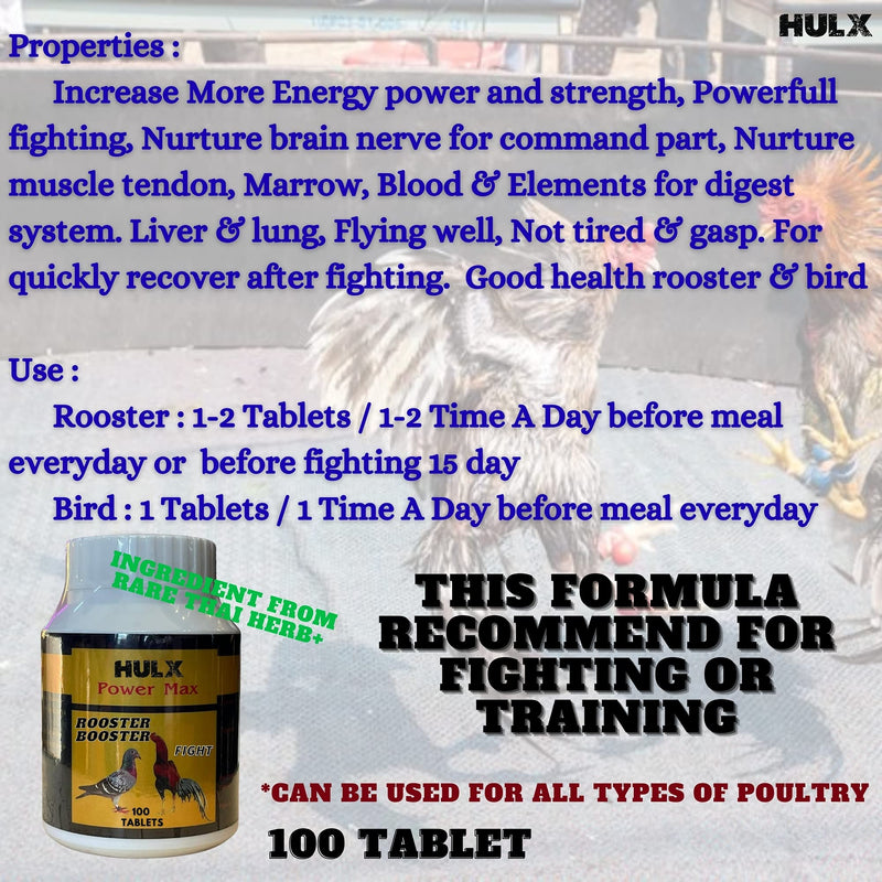 HULX Power MAX 100 Tablets, Long Term Strengher & Energy Formula Rooster Booster Vitamins Health Chicken Supplement Good Health, Build Muscle, Blood Feed All Poultry Bird Hen Food