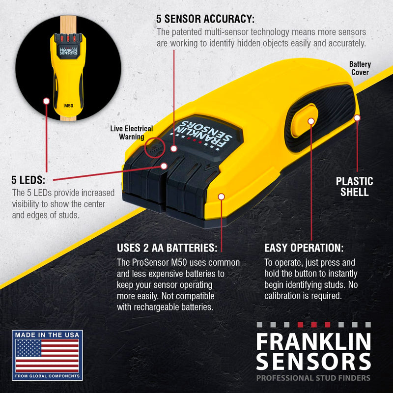 Franklin Sensors ProSensor M50 Stud Finder with 5-Sensors, Wood & Metal Stud Detector/Wall Scanner, Made in The USA