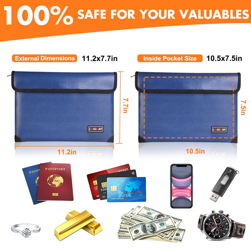 Fireproof Document Bag - with 5200°F Heat Insulated, Waterproof Fireproof Bag with Zipper, 8 Layers of Functional Materials , Fireproof Money Bag for Cash/Documents/Valuables, Fire bag 11"x7.7" 11"x7.7" Blue